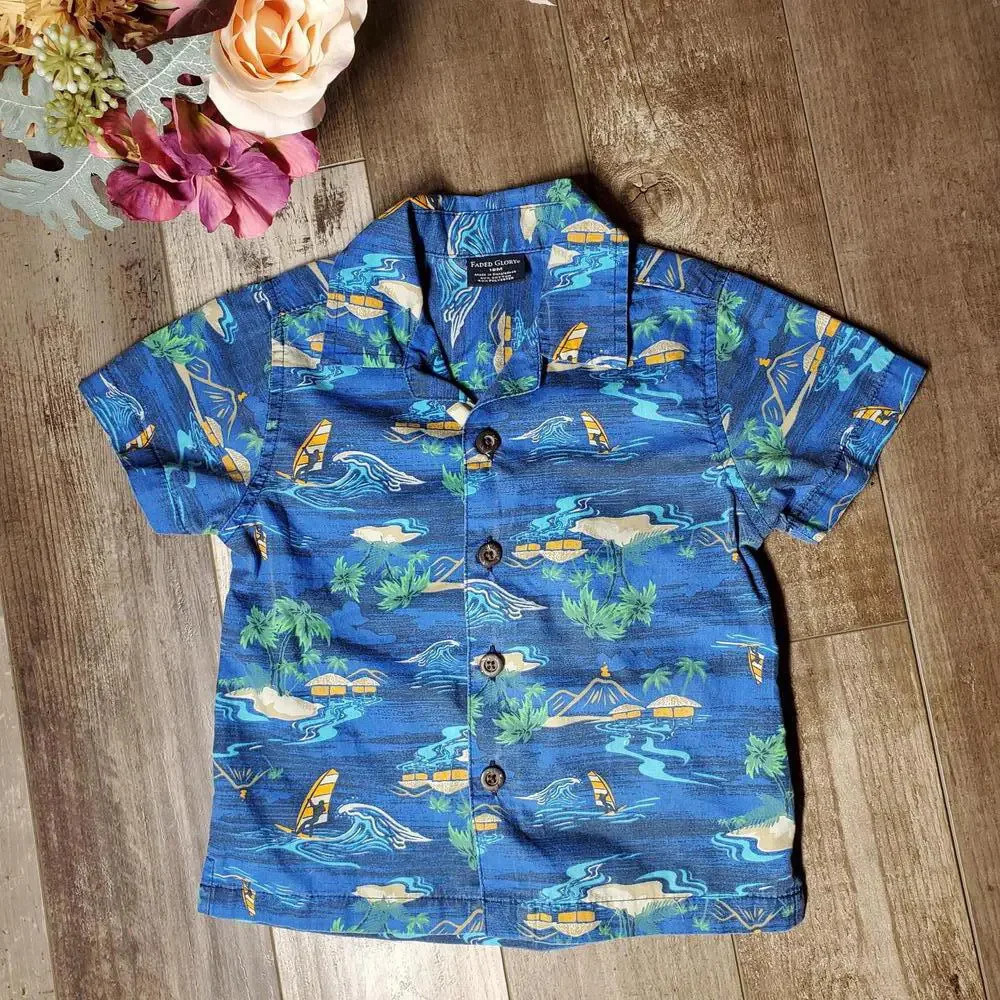 Faded Glory Boys Button Down Hawaiian Shirt Blue Tropical Size 18m NWOT